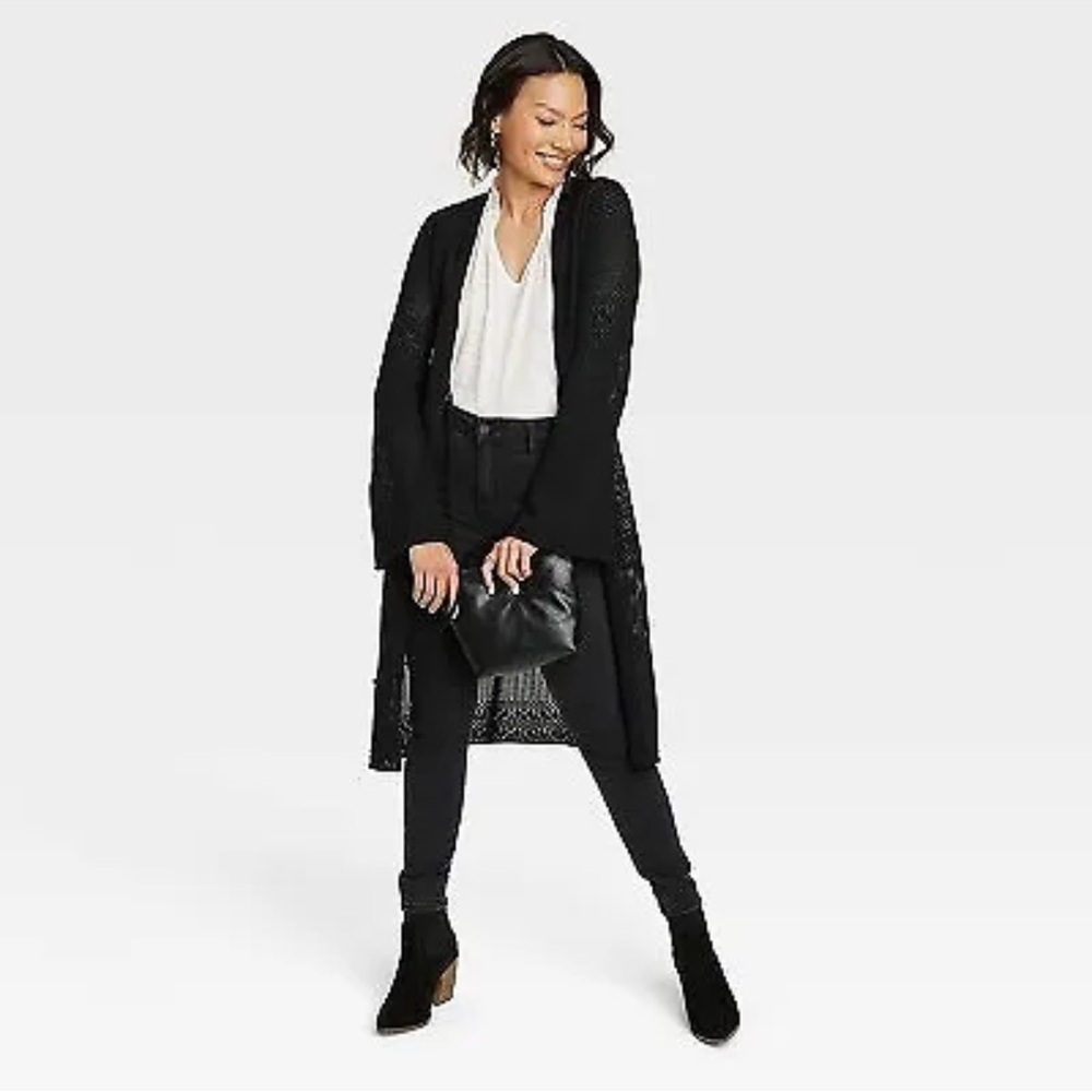 NWOT Women's Pointelle Duster Cardigan - Knox Rose Black XXL